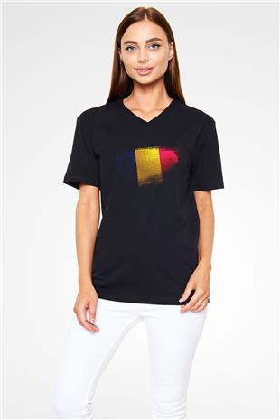 Romanya - Romania Bayrağı Baskılı Unisex Siyah V Yaka Tişört