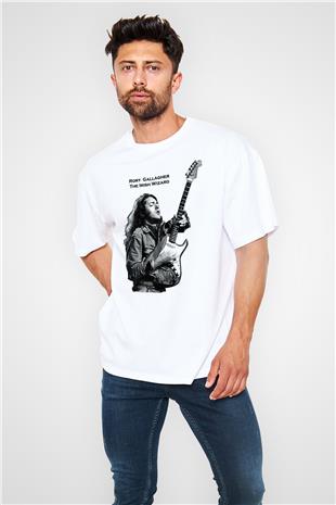 Rory Gallagher Baskılı Beyaz Unisex Oversize Tişört - Tshirt