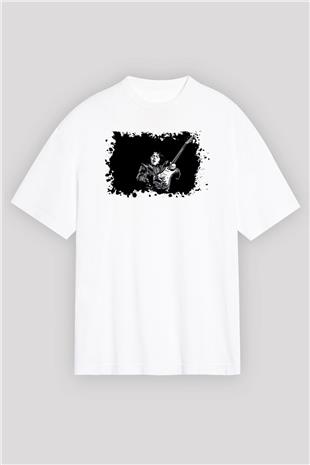 Rory Gallagher Baskılı Beyaz Unisex Oversize Tişört - Tshirt