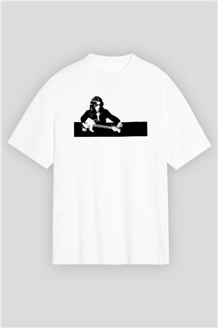 Rory Gallagher Baskılı Beyaz Unisex Oversize Tişört - Tshirt
