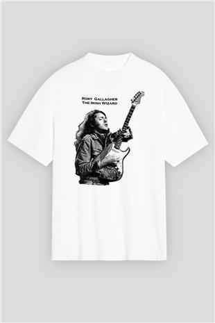 Rory Gallagher Baskılı Beyaz Unisex Oversize Tişört - Tshirt