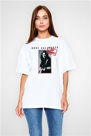 Rory Gallagher Baskılı Beyaz Unisex Oversize Tişört - Tshirt