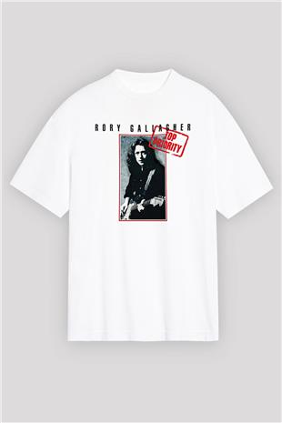 Rory Gallagher Baskılı Beyaz Unisex Oversize Tişört - Tshirt