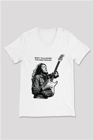 Rory Gallagher Baskılı Beyaz Unisex V Yaka Tişört - Tshirt