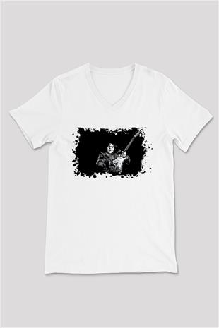 Rory Gallagher Baskılı Beyaz Unisex V Yaka Tişört - Tshirt
