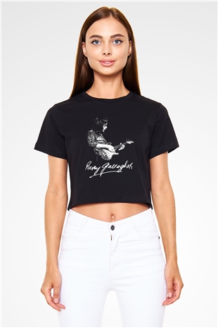 Rory Gallagher Baskılı Siyah Crop Top Kadın Tişört - Tshirt