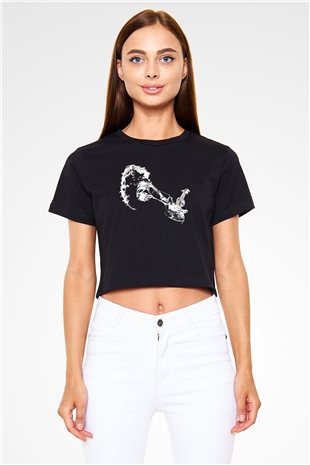 Rory Gallagher Baskılı Siyah Crop Top Kadın Tişört - Tshirt