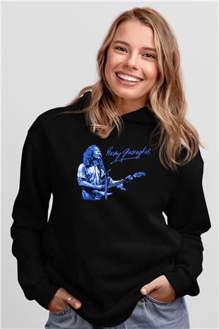 Rory Gallagher Baskılı Unisex Siyah Kapüşonlu Sweatshirt