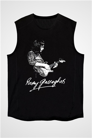 Rory Gallagher Baskılı Unisex Siyah Kolsuz Tişört - Tshirt