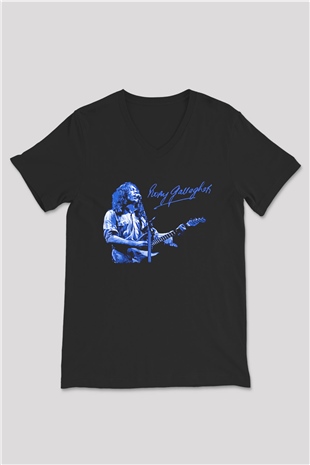 Rory Gallagher Baskılı Unisex Siyah V Yaka Tişört - Tshirt