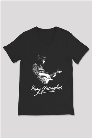 Rory Gallagher Baskılı Unisex Siyah V Yaka Tişört - Tshirt