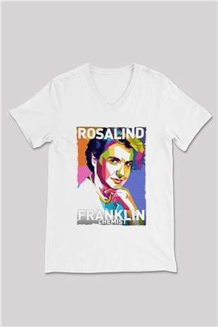 Rosalind Franklin Baskılı Unisex V Yaka Beyaz Tişört - Tshirt