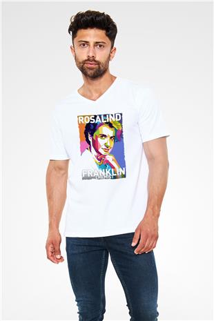 Rosalind Franklin Baskılı Unisex V Yaka Beyaz Tişört - Tshirt