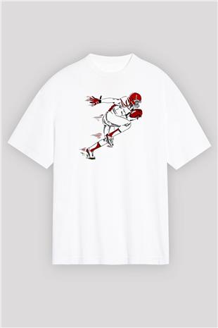 Rugby Baskılı Unisex Beyaz Oversize Tişört - Tshirt