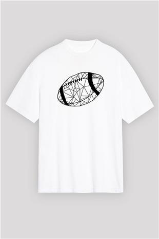 Rugby Baskılı Unisex Beyaz Oversize Tişört - Tshirt
