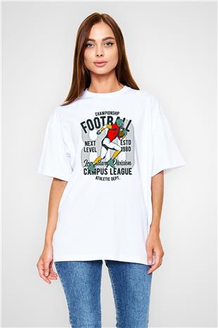 Rugby Baskılı Unisex Beyaz Oversize Tişört - Tshirt
