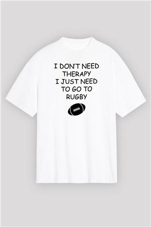 Rugby Baskılı Unisex Beyaz Oversize Tişört - Tshirt