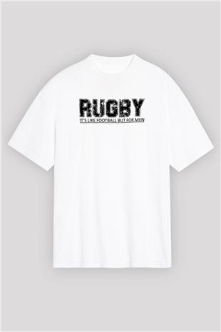 Rugby Baskılı Unisex Beyaz Oversize Tişört - Tshirt