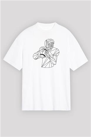 Rugby Baskılı Unisex Beyaz Oversize Tişört - Tshirt