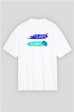 Rugby Baskılı Unisex Beyaz Oversize Tişört - Tshirt