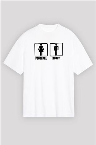 Rugby Baskılı Unisex Beyaz Oversize Tişört - Tshirt
