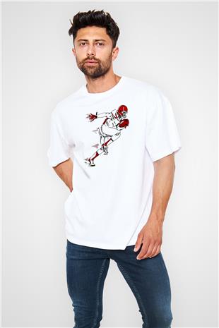 Rugby Baskılı Unisex Beyaz Oversize Tişört - Tshirt