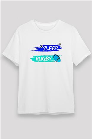 Rugby Baskılı Unisex Beyaz Tişört - Tshirt