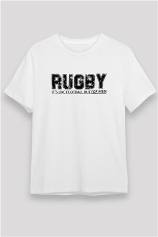 Rugby Baskılı Unisex Beyaz Tişört - Tshirt