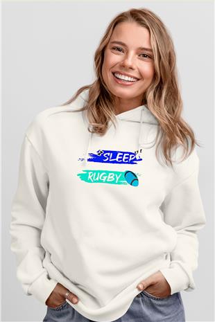 Rugby Baskılı Unisex Ekru Hoodie
