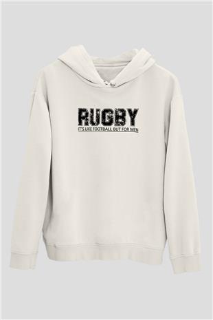 Rugby Baskılı Unisex Ekru Hoodie