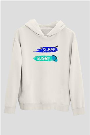 Rugby Baskılı Unisex Ekru Hoodie