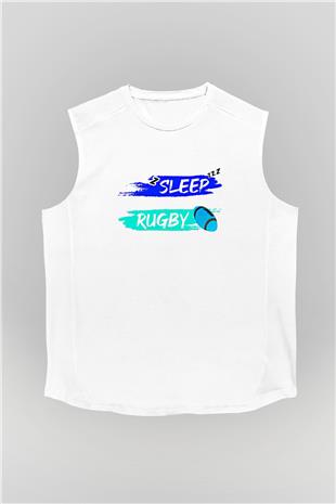 Rugby Baskılı Unisex Kolsuz Beyaz Tişört