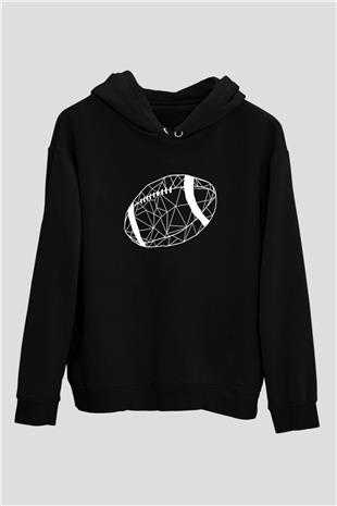 Rugby Baskılı Unisex Siyah Kapüşonlu Sweatshirt