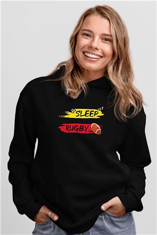 Rugby Baskılı Unisex Siyah Kapüşonlu Sweatshirt