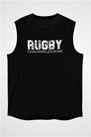 Rugby Baskılı Unisex Siyah Kolsuz Tişört