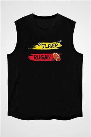 Rugby Baskılı Unisex Siyah Kolsuz Tişört