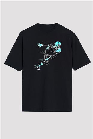 Rugby Baskılı Unisex Siyah Oversize Tişört