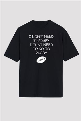 Rugby Baskılı Unisex Siyah Oversize Tişört