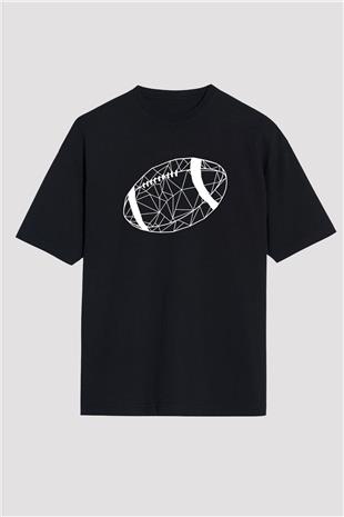 Rugby Baskılı Unisex Siyah Oversize Tişört