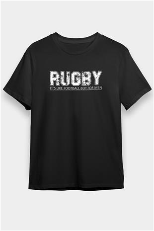 Rugby Baskılı Unisex Siyah Tişört - Tshirt