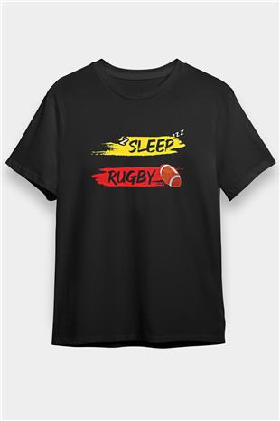 Rugby Baskılı Unisex Siyah Tişört - Tshirt