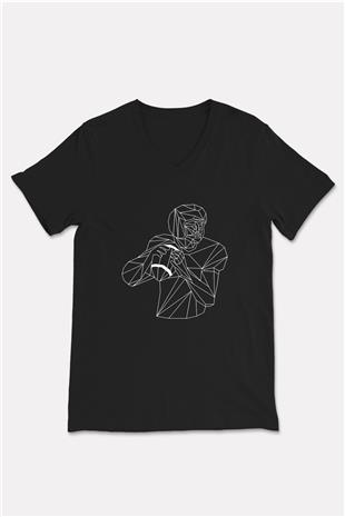 Rugby Baskılı Unisex Siyah V Yaka Tişört