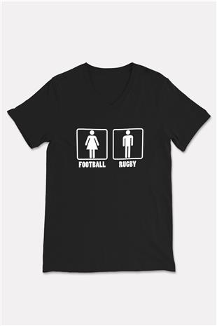 Rugby Baskılı Unisex Siyah V Yaka Tişört