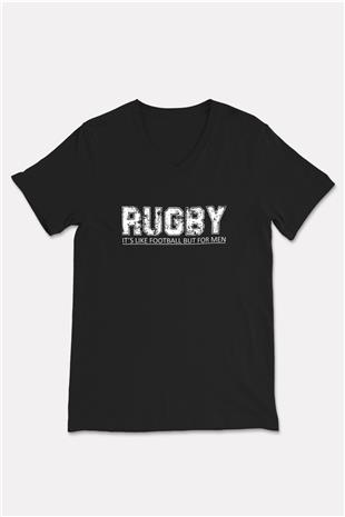 Rugby Baskılı Unisex Siyah V Yaka Tişört