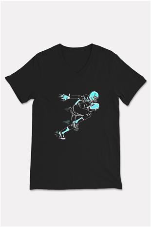 Rugby Baskılı Unisex Siyah V Yaka Tişört