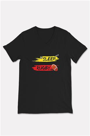 Rugby Baskılı Unisex Siyah V Yaka Tişört