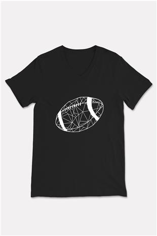 Rugby Baskılı Unisex Siyah V Yaka Tişört