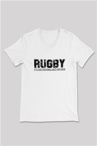 Rugby Baskılı Unisex V Yaka Tişört - Tshirt