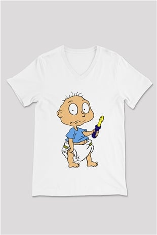 Rugrats Beyaz Unisex V Yaka Tişört T-Shirt