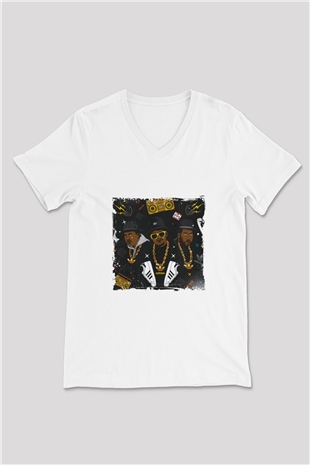 Run DMC Baskılı Beyaz V Yaka Unisex Tişört